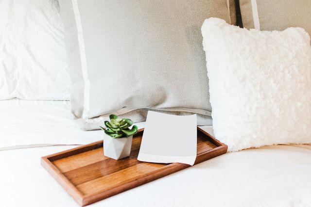 Serene bedroom decor with fluffy pillows and a wooden tray holding a succulent plant on a cozy bed.