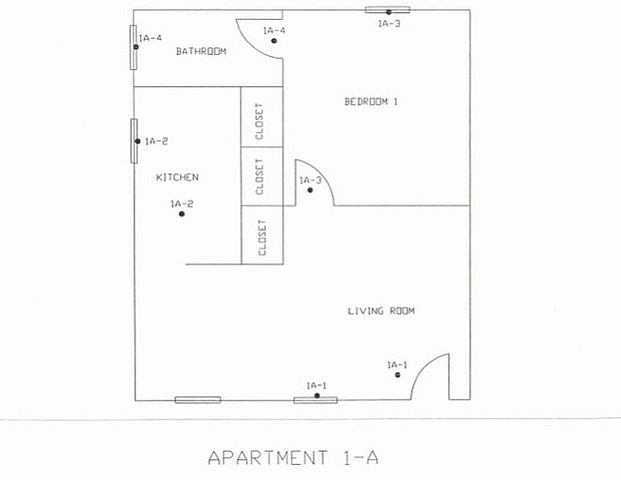 Charming floor plan of Apartment 1-A showcasing a cozy living room, efficient kitchen space, spacious bedroom, and convenient bathroom with ample closets.
