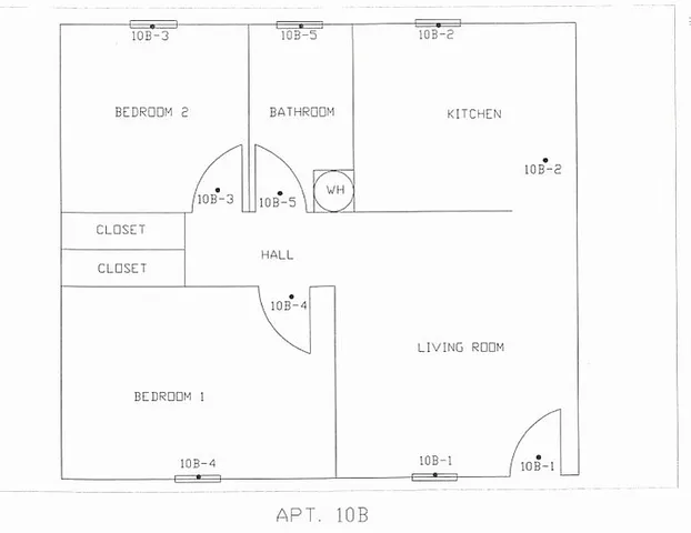Charming apartment 10B floor plan offering 2 spacious bedrooms, a cozy living room, a modern kitchen, and ample closet space.