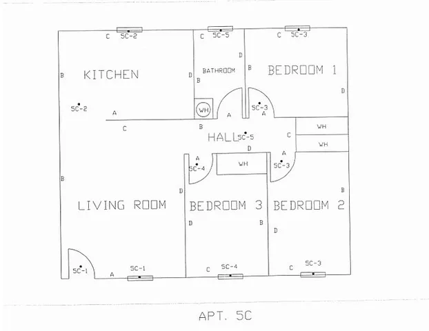 Inviting floor plan of Apt. 5C showcasing 3 bedrooms, spacious living room, kitchen, and central bathroom.