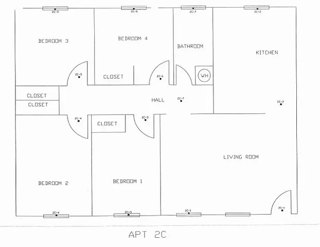 Chic apartment floor plan with 4 bedrooms, a modern kitchen, spacious living room, and ample closet space.