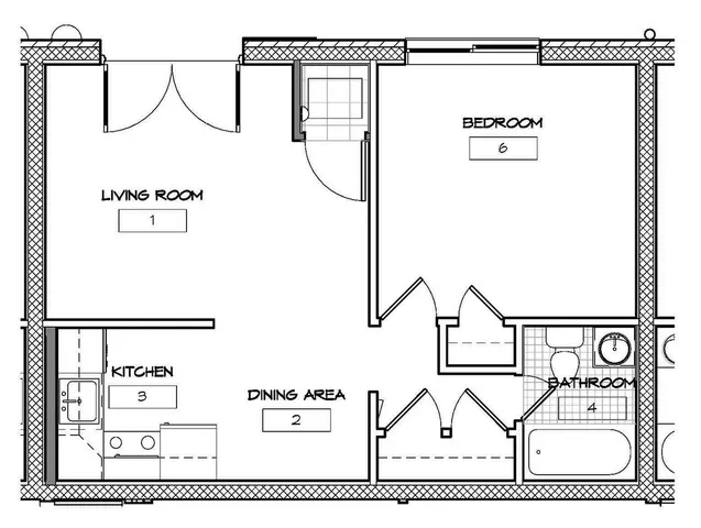 Elegant floor plan showcasing a spacious 1-bedroom apartment with an open living room, modern kitchen, dining area, and a well-appointed bathroom.