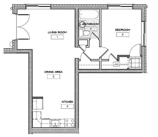 Modern 1-bedroom apartment floor plan featuring an open living room, dining area, efficient kitchen, and well-appointed bathroom.