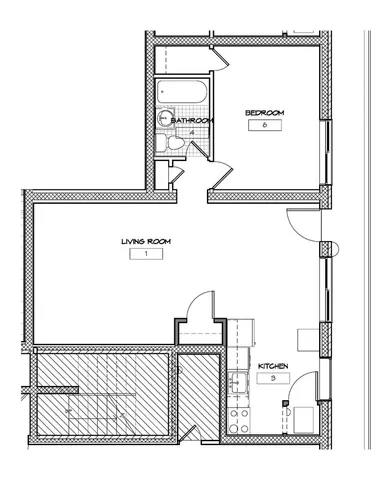 Modern 2D floor plan featuring a spacious living room, cozy bedroom, sleek kitchen, and well-appointed bathroom layout.