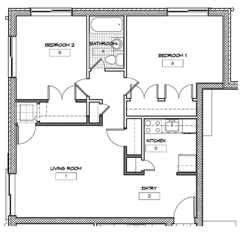 Modern floor plan showcasing 2 bedrooms, a cozy living room, and a functional kitchen layout.