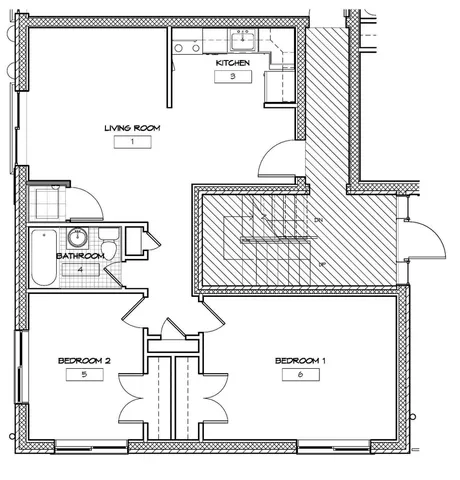 Modern 2D floor plan showcasing a spacious living room, efficient kitchen, two cozy bedrooms, and a well-appointed bathroom, offering a blend of comfort and practicality.