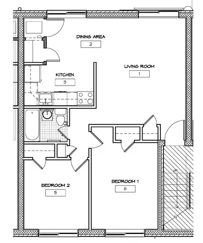 Modern floor plan illustrating 2 bedrooms, open living and dining area, stylish kitchen, and a well-sized bathroom.