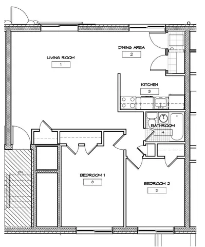 Modern floor plan featuring two cozy bedrooms, an open living room, dining area, functional kitchen, and a well-designed bathroom.