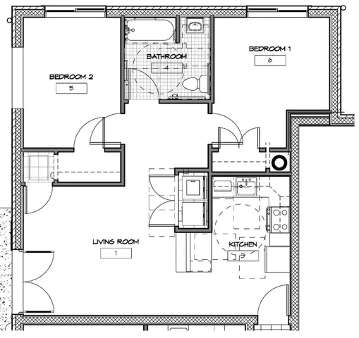 Modern 2D floor plan showcasing 2 bedrooms, a cozy living room, and an efficient kitchen layout with a singular bathroom.