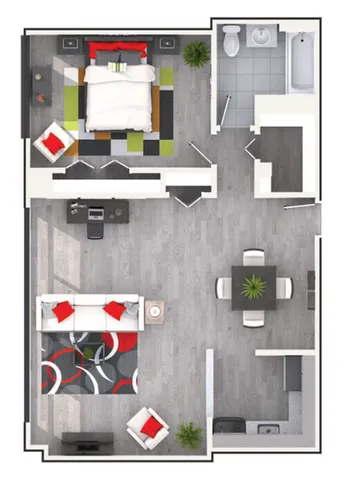 Chic floor plan showcasing a spacious bedroom, contemporary bathroom, stylish open-concept living and dining area, and a modern kitchen.