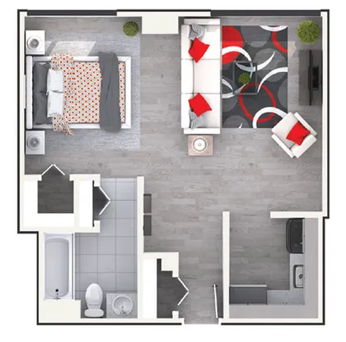 Modern 1-bedroom apartment floor plan showcasing an inviting living area with vibrant decor, a sleek kitchen, and a stylish bathroom. Ideal for urban living.