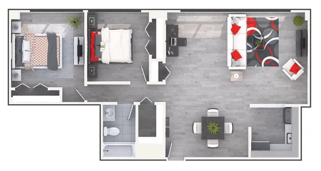 Modern open-concept floor plan showcasing 2 stylish bedrooms, inviting living area, sleek kitchen, and a chic dining space.