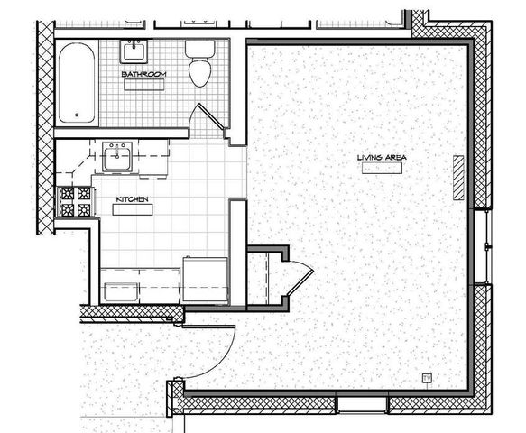 Elegant 1-bedroom apartment floor plan with a spacious living area, contemporary kitchen, and modern bathroom layout.