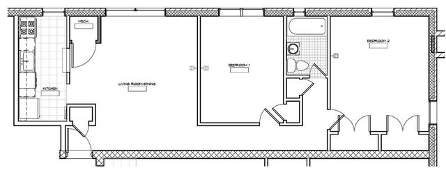 Contemporary floor plan with 2 spacious bedrooms, inviting living room/dining area, functional kitchen, and sleek bathroom layout.
