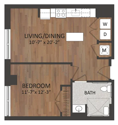 Contemporary floor plan featuring a spacious living and dining area, modern kitchen, cozy bedroom, and a well-appointed bath. Includes laundry and storage space.