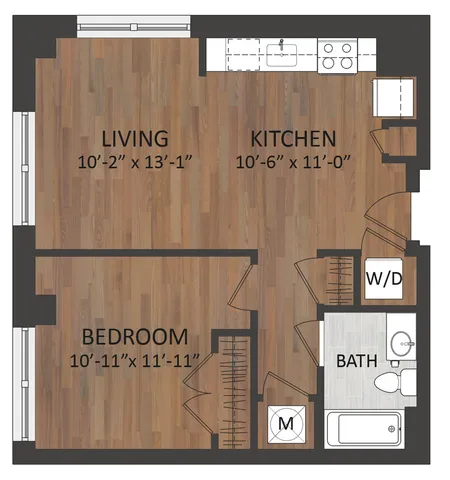 Modern floor plan showcasing open-concept living and kitchen area, spacious bedroom, and a stylish bathroom layout.