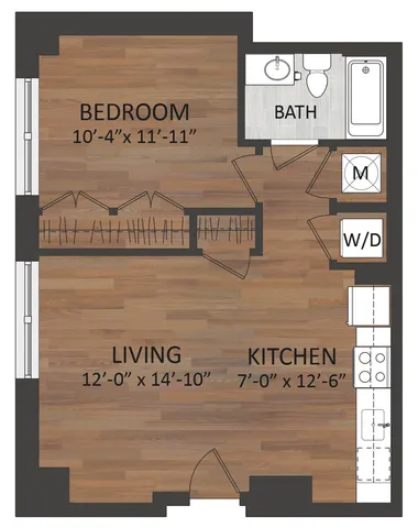 Modern floor plan featuring a cozy bedroom, stylish bath, efficient kitchen, and spacious living area with hardwood floors.