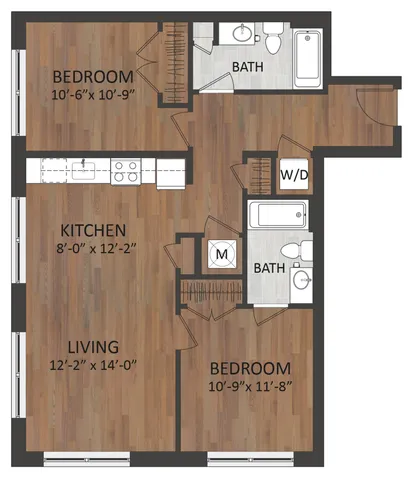 Modern floor plan showcasing two bedrooms, open kitchen and living area, with two bathrooms and elegant wooden flooring.