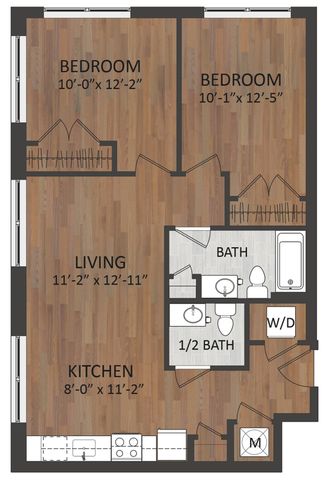 Elegant apartment floor plan showcasing two spacious bedrooms, open living area, modern kitchen, full bath, and half bath with washer/dryer space.