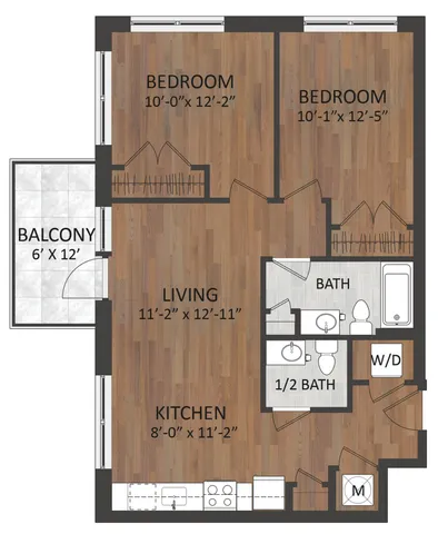 Modern 2-bedroom apartment floor plan with balcony, open living-kitchen area, full bath, and extra half bath.