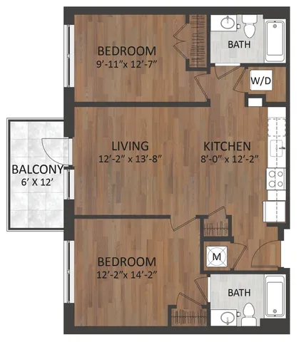 Modern floor plan showcasing 2 spacious bedrooms, open living area, efficient kitchen, 2 bathrooms, and a welcoming balcony.