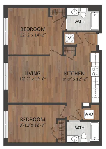 Modern 2-bedroom floor plan featuring an open living room, stylish kitchen, and two elegant bathrooms, all enhanced with chic wooden flooring.