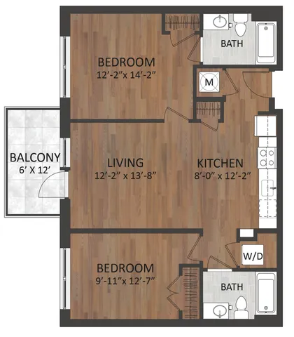 Modern floor plan showcasing an efficient 2-bedroom layout with open living area, stylish kitchen, and private balcony for outdoor relaxation.
