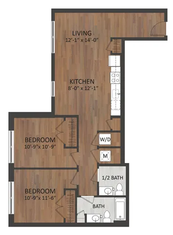 Modern 2-bedroom apartment floor plan featuring a spacious living area, stylish kitchen, full bath, and additional half bath.