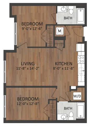 Modern 2D floor plan featuring 2 bedrooms, expansive living room, sleek kitchen, and 2 bathrooms with wood flooring.