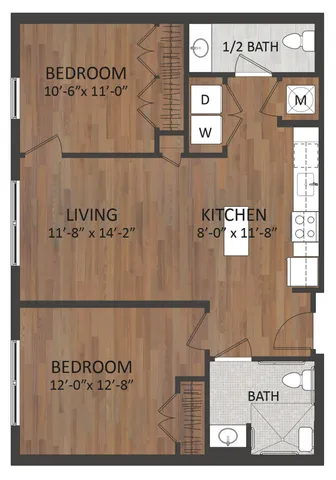 Elegant floor plan showcasing two bedrooms, open living area, and modern kitchen with hardwood floors.