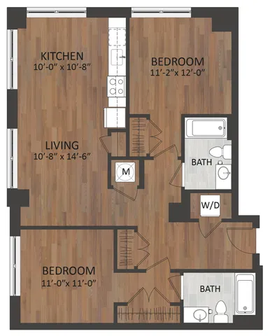 Modern floor plan showcasing 2 bedrooms, a spacious living area, and a well-equipped kitchen, ideal for contemporary living.