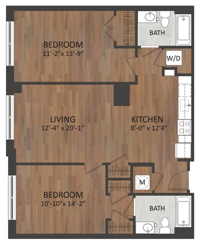 Inviting 2D floor plan featuring 2 spacious bedrooms, an expansive living area, and a modern kitchen with ample storage.
