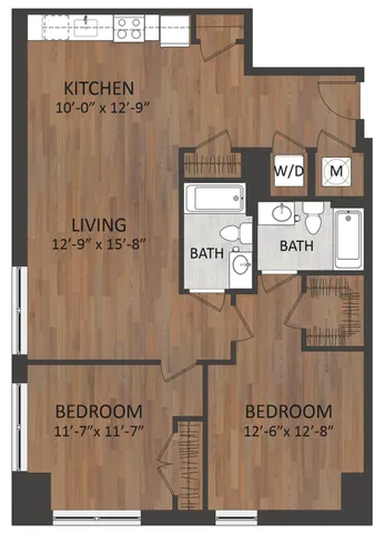 Inviting 2-bedroom floor plan featuring an open kitchen and living area, two bathrooms, and in-unit laundry space.
