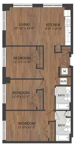 Modern and efficient floor plan featuring 3 spacious bedrooms, an open living area, and a functional kitchen layout with two well-appointed bathrooms.