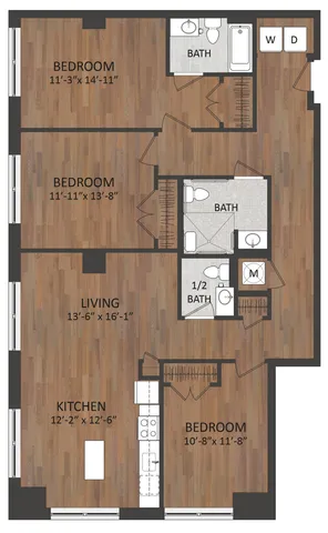 Elegant floor plan showcasing a spacious layout with three bedrooms, an inviting living area, modern kitchen, and convenient bathrooms, featuring hardwood-style flooring and ample natural light.