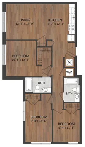 Spacious 3-bedroom floor plan with open living area and modern kitchen, featuring two stylish bathrooms and convenient laundry space.