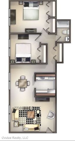 Inviting floor plan featuring 2 bedrooms, a modern kitchen, cozy living area, and a well-appointed bathroom.