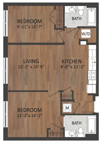 Modern floor plan featuring 2 spacious bedrooms, open-concept living area, and sleek kitchen. Includes two bathrooms and convenient laundry space.