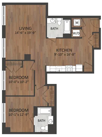 Modern apartment floor plan featuring 2 bedrooms, a spacious living room, and a well-equipped kitchen.