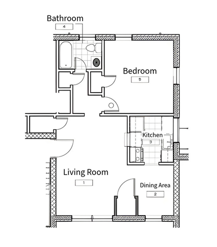 Charming floor plan showcasing 1-bedroom, modern kitchen, and cozy living room with adjacent dining area.