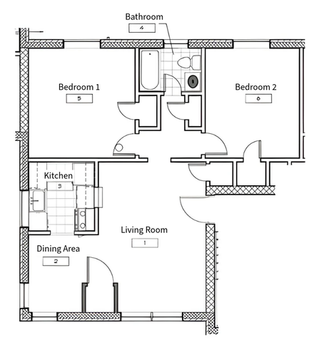 Modern floor plan highlighting 2 bedrooms, a spacious living room, kitchen, and dining area with a well-appointed bathroom.