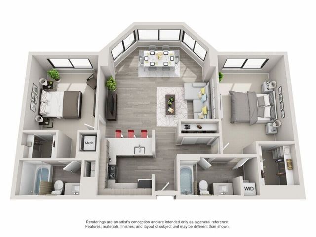 Modern floor plan showcasing 2 bedrooms, 2 bathrooms, an open kitchen with breakfast bar, and a cozy living room. Bright dining area with large windows offers stunning views.