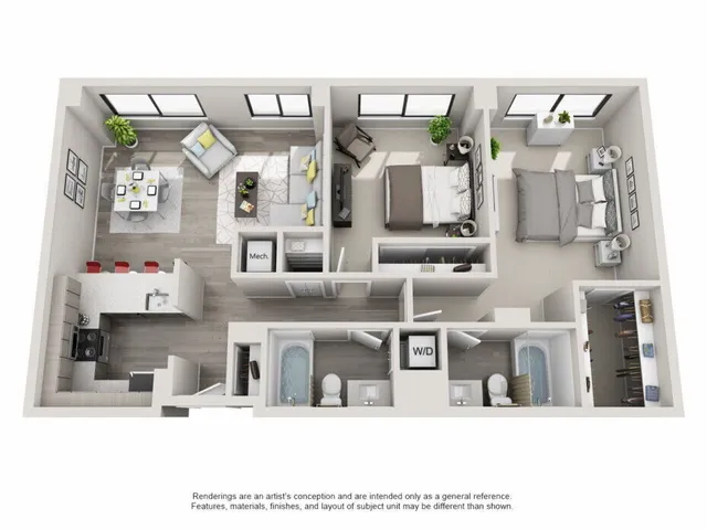 Modern interior 3D floor plan of a two-bedroom, two-bathroom apartment featuring an open-concept living and dining area, a sleek kitchen with bar seating, and ample natural light from large windows.