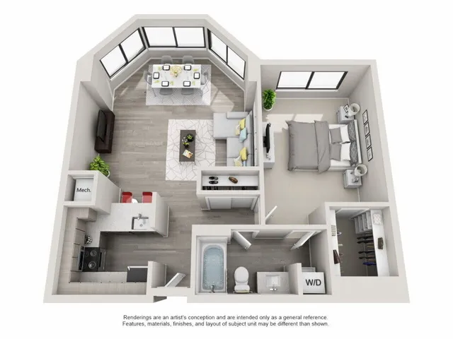 Modern 3D floor plan showcasing 1 bedroom, an open living-dining area, and a sleek kitchen with efficient layout.