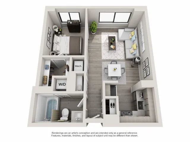 Contemporary 3D floor plan showcasing 1 bedroom, a modern living area, cozy kitchen, and a sleek bathroom with in-unit washer and dryer.