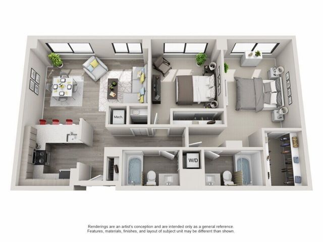 Modern 3D floor plan showcasing 2 bedrooms, open-concept living and dining area, sleek kitchen with bar seating, and two luxurious bathrooms.