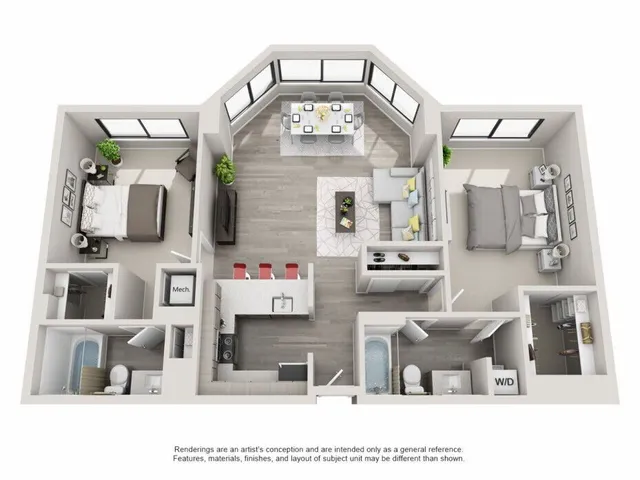 Modern open-concept 3D floor plan with two bedrooms, stylish kitchen with breakfast bar, spacious living area, and elegant dining space. Perfect for contemporary living.