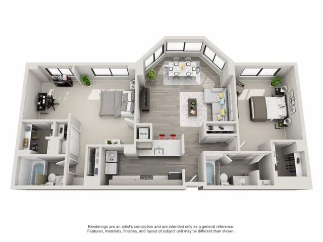 Modern 3D floor plan featuring two spacious bedrooms, an open kitchen with breakfast bar, elegant dining area, and a cozy living room. Perfect for contemporary urban living.