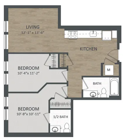 Modern floor plan featuring 2 cozy bedrooms, spacious living area, open kitchen, full and half bathrooms, perfect for efficient living.