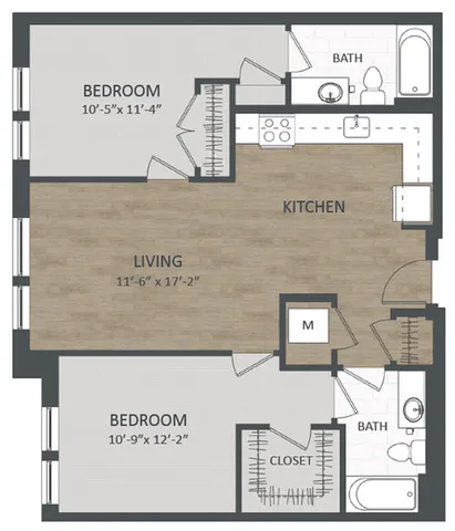Modern 2D floor plan highlighting two bedrooms, two bathrooms, an open kitchen, and a spacious living area.
